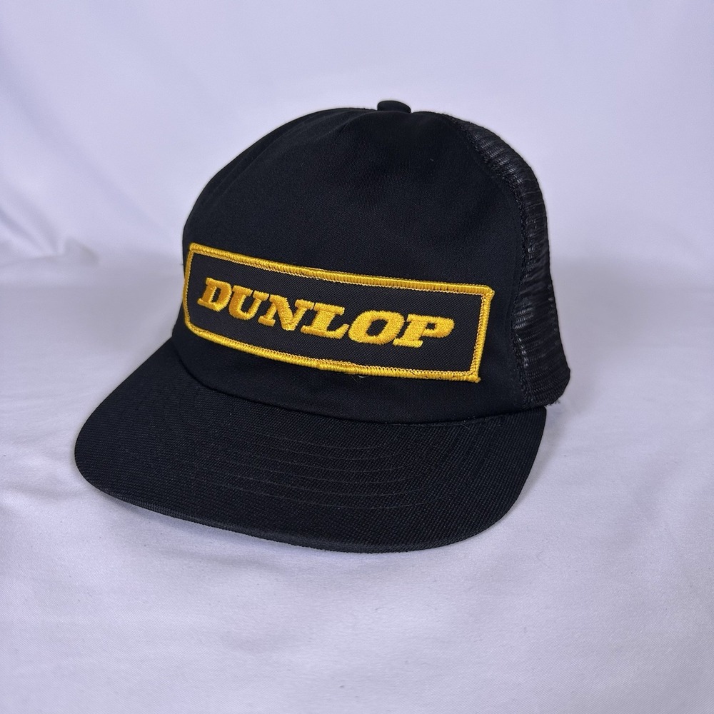 Vintage Dunlop Trucker Hat Black & Yellow Snapback Cap Embroidered Unstructured